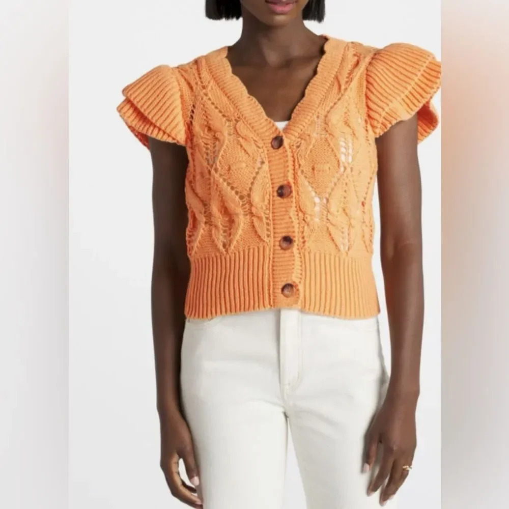 NWT adorable VIGOSS SS Sweater Cardigan Cantaloupe Color Ruffles Knit L